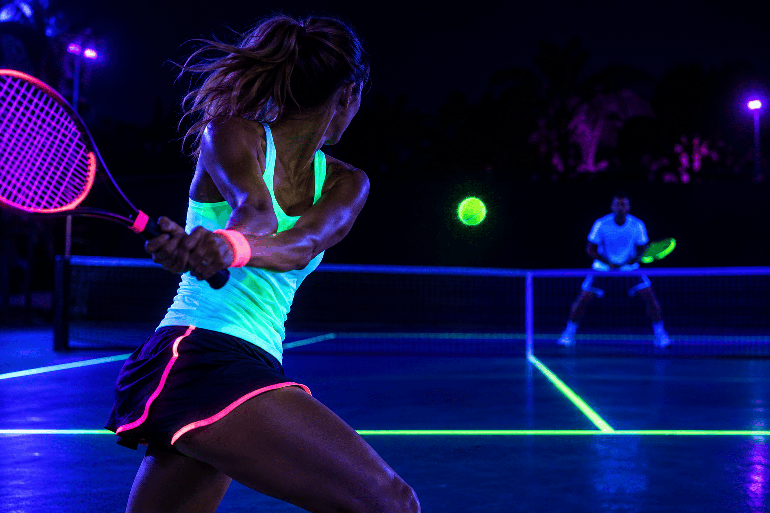 Revers de tennis sous lumière noire, balle fluo en vol et lignes du court qui brillent